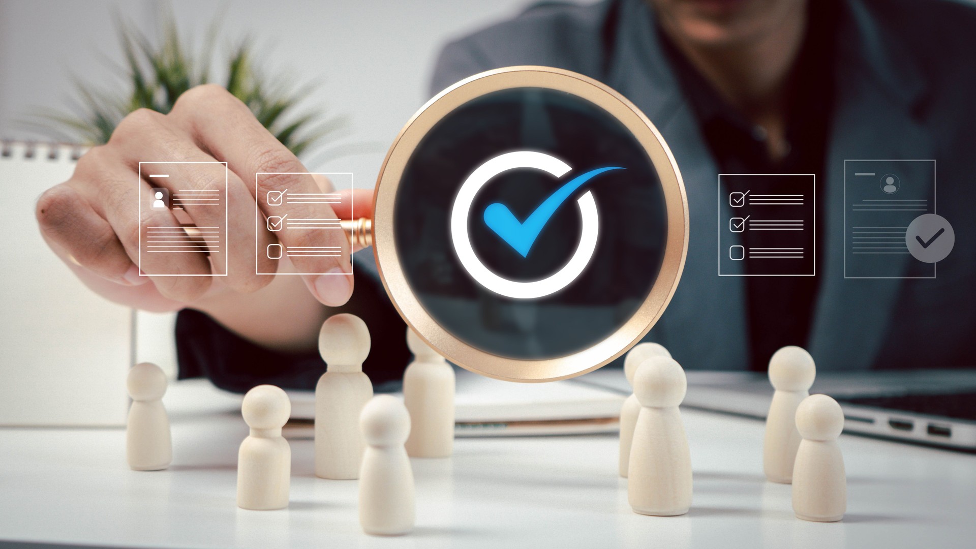 HR or businessman is looking at a group of people standing in front of a magnifying glass with a check mark on it. recruitment, solution, resource, search, assessment, employment, executive, hiring.